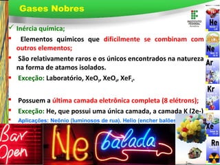 Page 18
 Inércia química;
 Elementos químicos que dificilmente se combinam com
outros elementos;
 São relativamente raros e os únicos encontrados na natureza
na forma de atamos isolados.
 Exceção: Laboratório, XeO3, XeO4, XeF4.
 Possuem a última camada eletrônica completa (8 elétrons);
 Exceção: He, que possui uma única camada, a camada K (2e-)
 Aplicações: Neônio (luminosos de rua). Helio (encher balões)
Gases Nobres
 