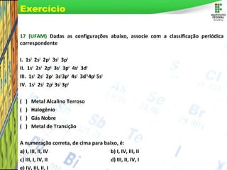 Page 76
17 (UFAM) Dadas as configurações abaixo, associe com a classificação periódica
correspondente
I. 1s2
2s2
2p6
3s2
3p5
II. 1s2
2s2
2p6
3s2
3p6
4s2
3d1
III. 1s2
2s2
2p6
3s2
3p6
4s2
3d10
4p6
5s2
IV. 1s2
2s2
2p6
3s2
3p6
( ) Metal Alcalino Terroso
( ) Halogênio
( ) Gás Nobre
( ) Metal de Transição
A numeração correta, de cima para baixo, é:
a) I, III, II, IV b) I, IV, III, II
c) III, I, IV, II d) III, II, IV, I
e) IV, III, II, I
Exercício
 