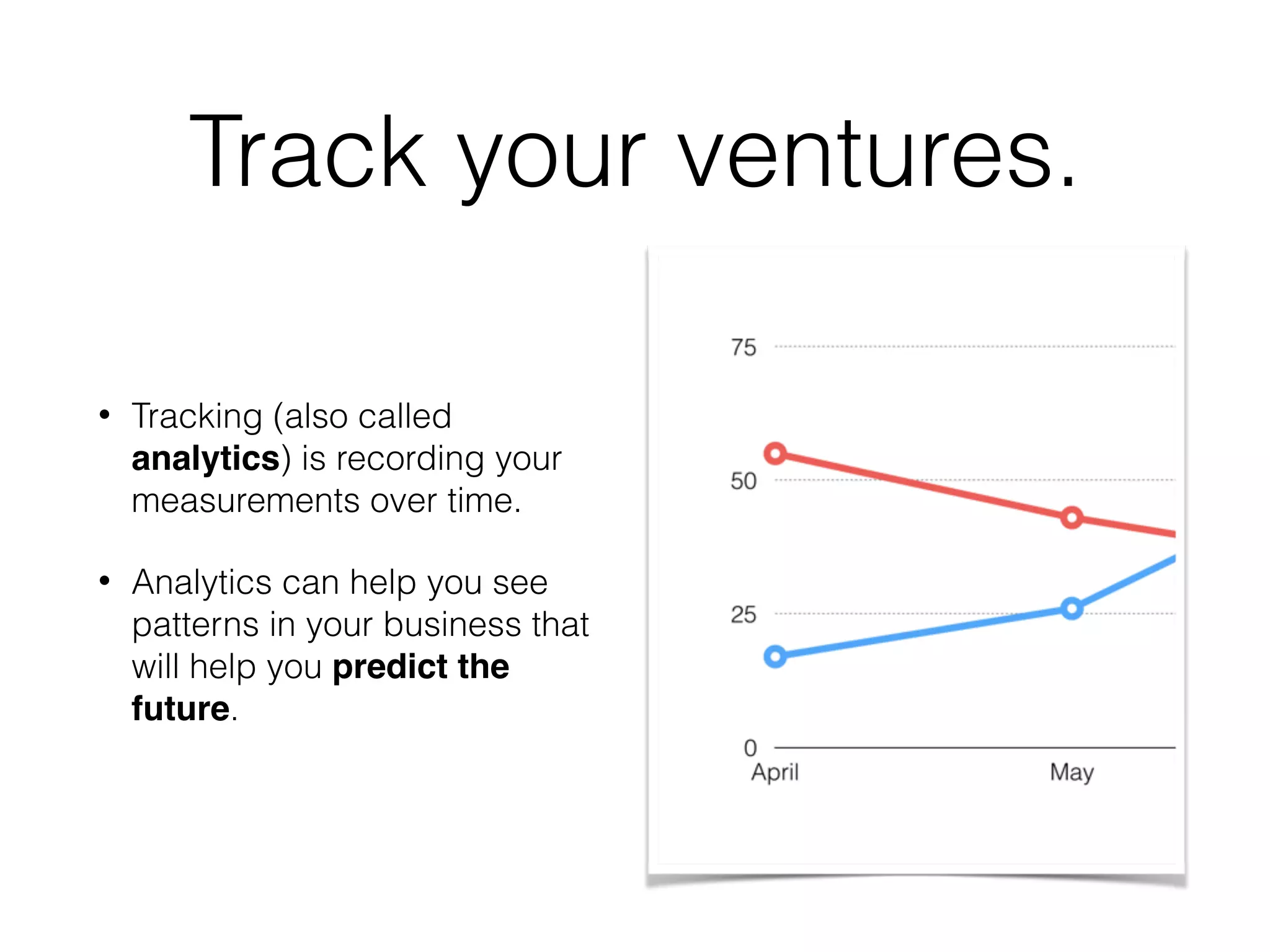 Track your ventures.
• Tracking (also called
analytics) is recording your
measurements over time.
• Analytics can help you see
patterns in your business that
will help you predict the
future.
 