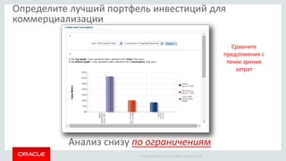 Copyright © 2016 Oracle and/or its affiliates. All rights reserved.
Анализ снизу по ограничениям
Определите лучший портфель инвестиций для
коммерциализации
Сравните
предложения с
точки зрения
затрат
 