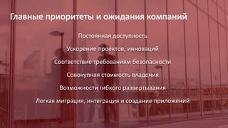 Copyright © 2016 Oracle and/or its affiliates. All rights reserved.
Постоянная доступность
Ускорение проектов, инноваций
Соответствие требованиям безопасности
Совокупная стоимость владения
Возможности гибкого развертывания
Легкая миграция, интеграция и создание приложений
Главные приоритеты и ожидания компаний
 