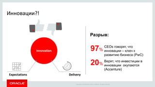 Copyright © 2016 Oracle and/or its affiliates. All rights reserved.
Innovation
Expectations Delivery
Разрыв:
97%
CEOs говорят, что
инновации – ключ к
развитию бизнеса (PwC)
20%
Верят, что инвестиции в
инновации окупаются
(Accenture)
Инновации?!
 