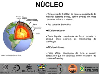 NÚCLEO
Imagem: mundoeducacao.bol.uol.com.br
Tem cerca de 3.500km de raio e é constituído de
material bastante denso, sendo dividido em duas
camadas, externa e interna;
Faz parte da Endosfera.
Núcleo externo:
Parte líquida, constituído de ferro, enxofre e
silício,é onde ocorrem os movimentos de
convecção.
Núcleo interno:
Parte sólida, constituído de ferro e níquel,
acredita-se que se solidificou como resultado do
pressure-freezing.
 