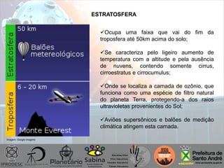 Imagem: Google imagens
ESTRATOSFERA
Ocupa uma faixa que vai do fim da
troposfera até 50km acima do solo;
Se caracteriza pelo ligeiro aumento de
temperatura com a altitude e pela ausência
de nuvens, contendo somente cirrus,
cirroestratus e cirrocumulus;
Onde se localiza a camada de ozônio, que
funciona como uma espécie de filtro natural
do planeta Terra, protegendo-a dos raios
ultravioletas provenientes do Sol;
Aviões supersônicos e balões de medição
climática atingem esta camada.
 