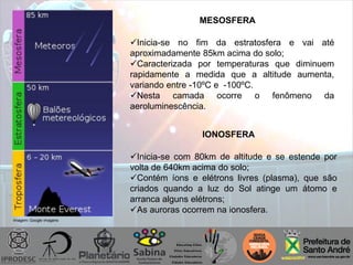 Imagem: Google imagens
MESOSFERA
Inicia-se no fim da estratosfera e vai até
aproximadamente 85km acima do solo;
Caracterizada por temperaturas que diminuem
rapidamente a medida que a altitude aumenta,
variando entre -10ºC e -100ºC.
Nesta camada ocorre o fenômeno da
aeroluminescência.
IONOSFERA
Inicia-se com 80km de altitude e se estende por
volta de 640km acima do solo;
Contém íons e elétrons livres (plasma), que são
criados quando a luz do Sol atinge um átomo e
arranca alguns elétrons;
As auroras ocorrem na ionosfera.
 
