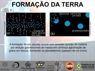 FORMAÇÃO DA TERRAImagem:www.dca.iag.usp.br
Imagem:www.dca.iag.usp.br
A formação de um planeta ocorre com acreção (junção de matéria
por atração gravitacional) de massa em contínua aglutinação de
grãos em blocos, formando os planetésimos (passam de cm á km).
 