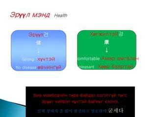 Эрүүл건
健
↓
Strong хүчтэй
No disease өвчингүй
Хөгжилтэй강
康
↓
Comfortable Амар амгалан
pleasant Хөөр баяртай
Бие махбодийн төрх байдал согоггүй төгс
эрүүл чийрэг хүчтэй байхыг хэлнэ.
신체 상태가 흠 없이 완전하고 양호하며 굳세다
 