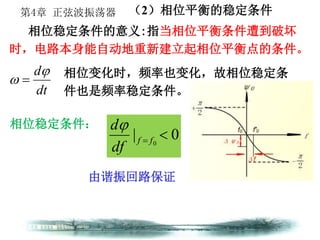 第4章 正弦波振荡器 （2）相位平衡的稳定条件
相位稳定条件的意义:指当相位平衡条件遭到破坏
时，电路本身能自动地重新建立起相位平衡点的条件。
由谐振回路保证
0| 0
 ff
df
d
dt
d
  相位变化时，频率也变化，故相位稳定条
件也是频率稳定条件。
相位稳定条件：
 