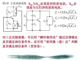 第4章 正弦波振荡器 Χbe与Χce必须是同性质电抗，Xbc必
须是与它们异性质的电抗。
)2/(1
),2/(1
222
111
CLf
CLf




)2/(1 333 CLf 
对三点式振荡器，可以用“瞬时极性法”通过反馈确定
是否满足相位条件外，还可用“射同集（基）反”判断
是否满足相位条件（更容易）。
 