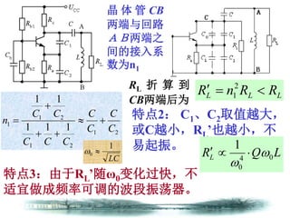 第4章 正弦波振荡器 晶 体 管 CB
两端与回路
ＡＢ两端之
间的接入系
数为n1
21
21
21
1
111
11
C
C
C
C
CCC
CC
n 



RL 折 算 到
CB两端后为 LLL RRnR  2
1
特点2： C1、C2取值越大，
或C越小，RL’也越小，不
易起振。
特点3：由于RL’随ω0变化过快，不
适宜做成频率可调的波段振荡器。
LC
1
0  LQRL 04
0
1



 