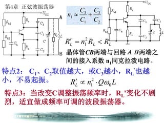 第4章 正弦波振荡器
晶体管CB两端与回路ＡＢ两端之
间的接入系数 n1同克拉泼电路。
2
3
1
3
1
C
C
C
C
n 
特点2： C1、C2取值越大，或C3越小，RL
’也越
小，不易起振。
特点3：当改变C调整振荡频率时，RL’变化不剧
烈，适宜做成频率可调的波段振荡器。
LLL RRnR  2
1
LQnRL 0
2
1 
 