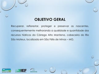 OBJETIVO GERAL
Recuperar, reflorestar, proteger e preservar as nascentes,
consequentemente melhorando a qualidade e quantidade dos
recursos hídricos do Córrego Alto Mantena, cabeceira do Rio
São Mateus, localizada em São Félix de Minas – MG.
 
