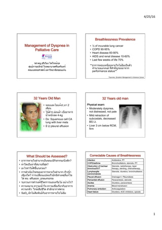 4/25/16	
  	
  
1	
  
•  ½ of incurable lung cancer
•  COPD 90-95%
•  Heart disease 60-90%
•  AIDS and renal disease 10-60%
•  Last few weeks of life 70%
**อาการหอบเหนื่อยหายใจไม่อิ่มเป็นตัว
ทำนายsurvival ที่สำคัญรองมาจาก
performance status**
Twycross, Symptom Management in Advance Cancer
•  หอบและไอแห้งๆ มา 2
เดือน
•  ไข้ต่ำๆ อ่อนล้า เบื่ออาหาร
น้ำหนักลด 4-kg
•  Dx: Squamous cell CA
lung with liver mets
•  มี Lt pleural effusion
Physical exam:
•  Moderately dyspnea,  
not distressed, not pale
•  Mild retraction of
subcostals, decreased
BS Lt.
•  Liver 3 cm below RCM,
firm
•  อาการหายใจลำบากเป็นขณะมีกิจกรรม/นั่งพัก?
•  ท่าใดเป็นท่าที่สบายที่สุด?
•  อะไรทำให้ดีขึ้น/เลวลง?
•  การดำเนินโรคของอาการหายใจลำบาก เร็ว/ช้า
เพียงใด? การเปลี่ยนแปลงเร็วมักมีสาเหตุที่แก้ไข
ได้ ตย. effusion, pneumonia
•  รบกวนการดำรงค์ชีวิต/การนอนหรือไม่ อย่างไร?
•  ความหมาย ความเข้าใจ ความเชื่อเกี่ยวกับอาการ  
ความกลัว: ใกล้เสียชีวิต สำลักอากาศตาย
•  SaO2 มักไม่สัมพันธ์กับอาการหายใจไม่อิ่ม
Infection Antibiotics, PT
COPD/asthma Bronchodilators, steroids, PT
Obstruction of trachea/
bronchus/SVT
Steroids, radiotherapy, laser
therapy, stenting, chemotherapy
Lymphangitis
carcinomatosis
Steroids, diuretics, bronchodilators
Pleural effusion Drainage+/- Pleurodesis
Pericardial effusion Paracentesis, steroids
Ascites Diuretics, paracentesis
Anemia Blood transfusion
Pulmonary embolism Anticoagulation
Heart failure Diuretics, ACE inhibitors, opioids
 