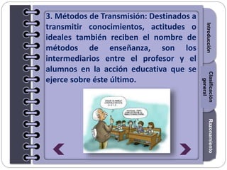 Section1Section2Section3
3. Métodos de Transmisión: Destinados a
transmitir conocimientos, actitudes o
ideales también reciben el nombre de
métodos de enseñanza, son los
intermediarios entre el profesor y el
alumnos en la acción educativa que se
ejerce sobre éste último.
IntroducciónRazonamientoClasificación
general
 