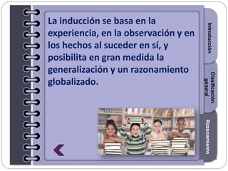 Section1Section2Section3
La inducción se basa en la
experiencia, en la observación y en
los hechos al suceder en sí, y
posibilita en gran medida la
generalización y un razonamiento
globalizado.
IntroducciónRazonamiento
Clasificación
general
 