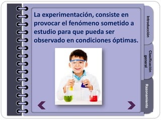 Section1Section2Section3
La experimentación, consiste en
provocar el fenómeno sometido a
estudio para que pueda ser
observado en condiciones óptimas.
IntroducciónRazonamiento
Clasificación
general
 