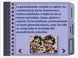 Section1Section2Section3
La generalización consiste en aplicar las
características de los fenómenos o
hechos estudiados a todos los de su
misma naturaleza, clases, género o
especie. En la enseñanza continuamente
se hacen generalizaciones, pues con ella
se comprueba el resultado del
procedimiento inductivo
IntroducciónRazonamiento
Clasificación
general
 