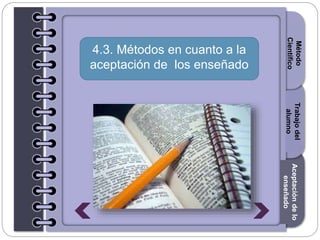 Section1Section2Section3
Método
Científico
Aceptacióndelo
enseñado
Trabajodel
alumno
4.3. Métodos en cuanto a la
aceptación de los enseñado
 