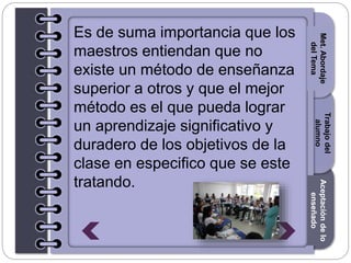 Section1Section2Section3
Es de suma importancia que los
maestros entiendan que no
existe un método de enseñanza
superior a otros y que el mejor
método es el que pueda lograr
un aprendizaje significativo y
duradero de los objetivos de la
clase en especifico que se este
tratando.
Introducción
Trabajodel
alumno
Aceptacióndelo
enseñado
Met.Abordaje
delTema
 