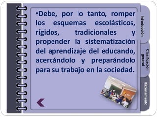 Section1Section2Section3
•Debe, por lo tanto, romper
los esquemas escolásticos,
rígidos, tradicionales y
propender la sistematización
del aprendizaje del educando,
acercándolo y preparándolo
para su trabajo en la sociedad.
Introducción
Razonamiento
Clasificación
general
 