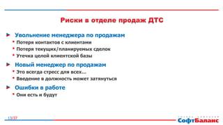 13/37
Увольнение менеджера по продажам
• Потеря контактов с клиентами
• Потеря текущих/планируемых сделок
• Утечка целой клиентской базы
Новый менеджер по продажам
• Это всегда стресс для всех…
• Введение в должность может затянуться
Ошибки в работе
• Они есть и будут
 