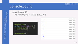 IntroductiontoProgramming
withJavaScript console.count
53
重要度 ★★★☆☆
• console.count()
- その行が実行された回数を出力する
console.count(); ...