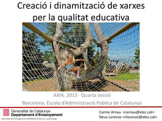 Creació i dinamització de xarxes
per la qualitat educativa
AXIA, 2015: Quarta sessió
Barcelona, Escola d’Administració Pública de Catalunya
Carme Arnau <carnau@xtec.cat>
Neus Lorenzo <nlorenzo@xtec.cat>http://www.tyrol.tl/images/cms/1266598656D_Kletternetz_Lauserland.jpg
 