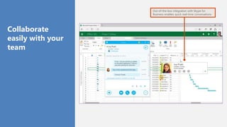 Out-of-the-box integration with Skype for
Business enables quick real-time conversations
Collaborate
easily with your
team
 