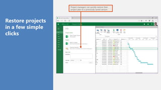 Project managers can quickly restore their
project plan to a previously saved version
Restore projects
in a few simple
clicks
 