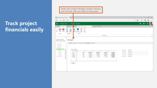 Easily track project’s Budget, Actuals, Variance
and Forecast. Add new fields to track easily
Track project
financials easily
 