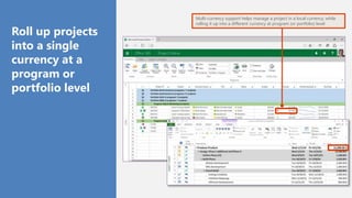 Multi-currency support helps manage a project in a local currency, while
rolling it up into a different currency at program (or portfolio) level
Roll up projects
into a single
currency at a
program or
portfolio level
 