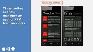 Mobile apps for task management
and timesheeting for team members
Timesheeting
and task
management
app for PPM
team members
 