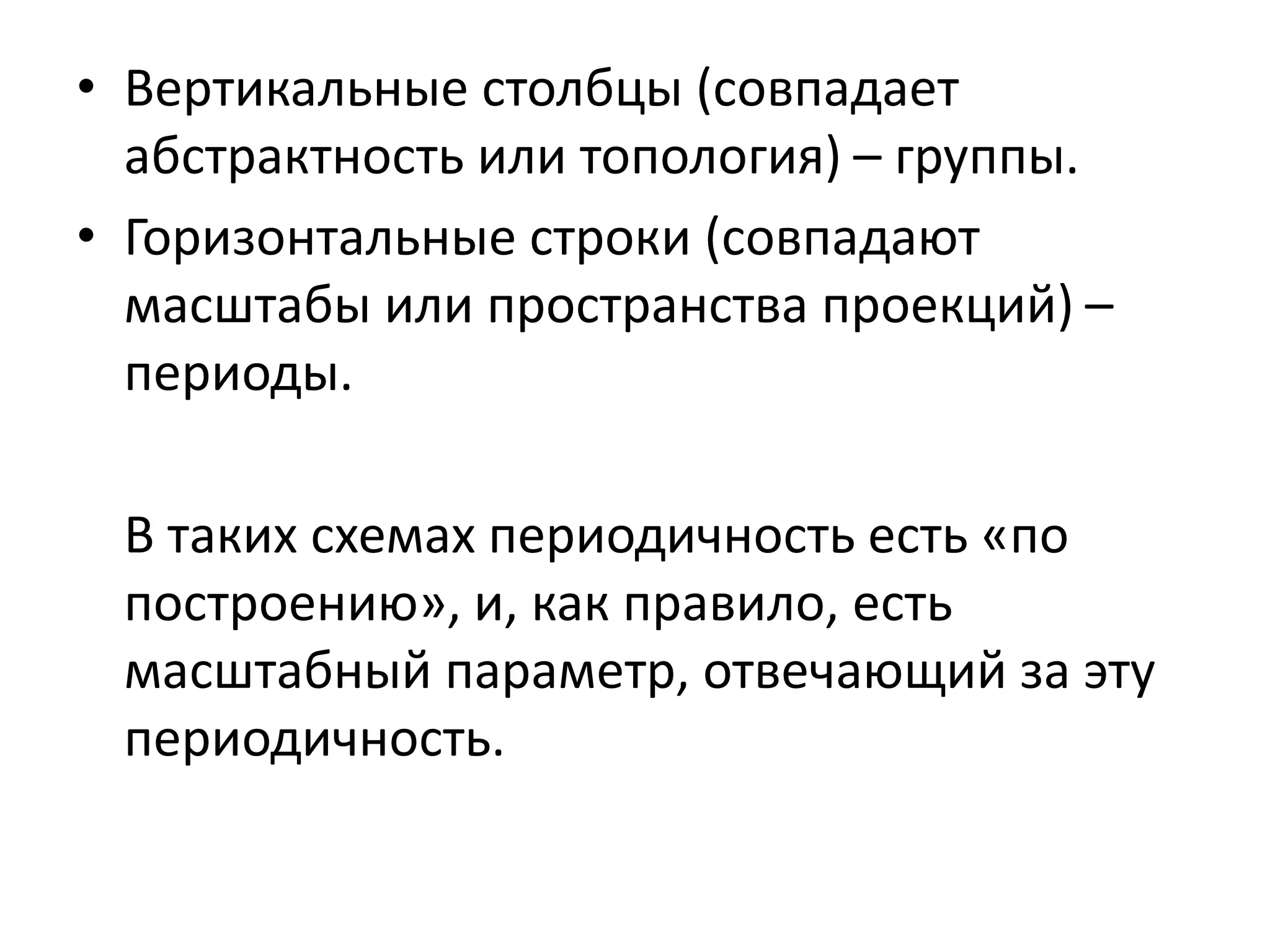 • Вертикальные столбцы (совпадает
абстрактность или топология) – группы.
• Горизонтальные строки (совпадают
масштабы или пространства проекций) –
периоды.
В таких схемах периодичность есть «по
построению», и, как правило, есть
масштабный параметр, отвечающий за эту
периодичность.
 