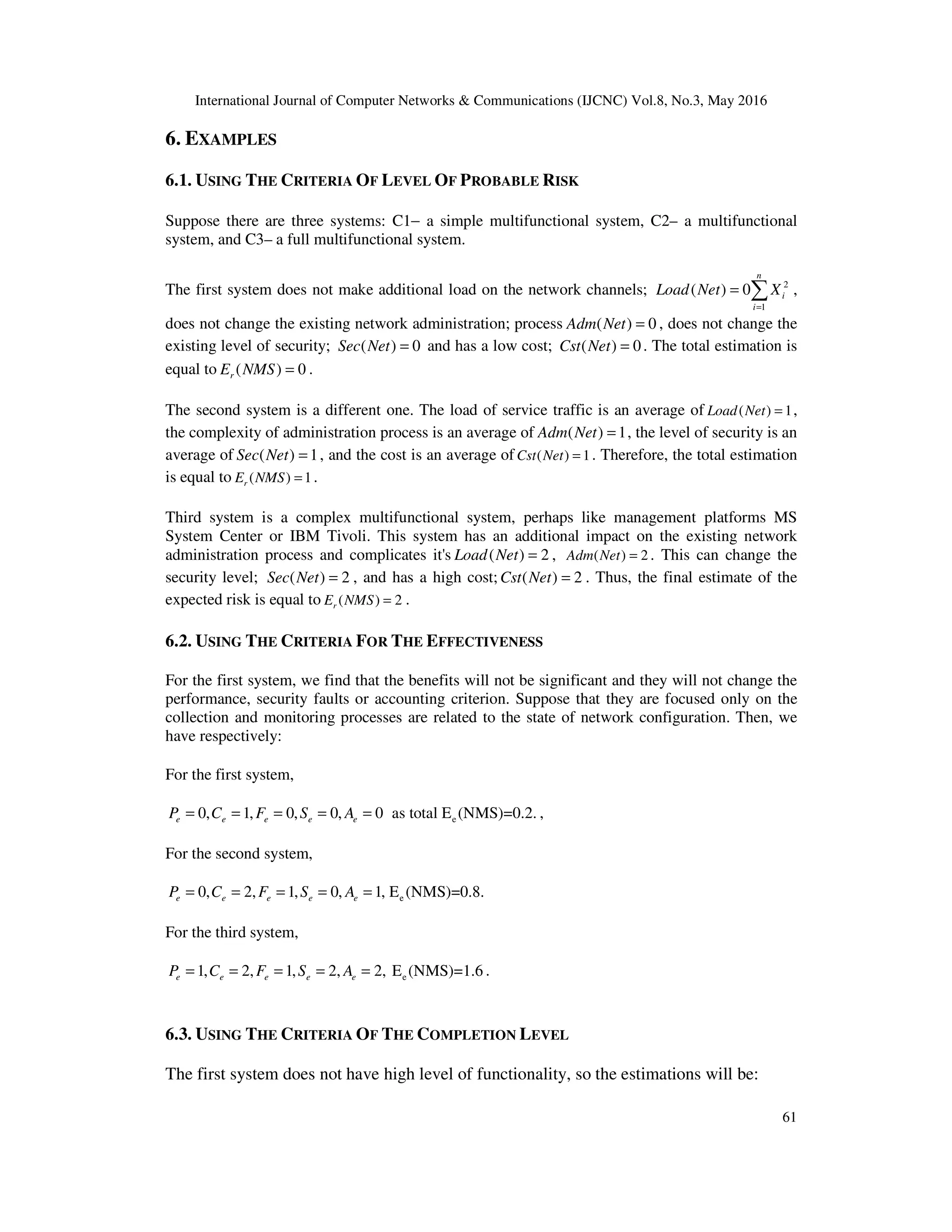 International Journal of Computer Networks & Communications (IJCNC) Vol.8, No.3, May 2016
61
6. EXAMPLES
6.1. USING THE CRITERIA OF LEVEL OF PROBABLE RISK
Suppose there are three systems: C1− a simple multifunctional system, C2– a multifunctional
system, and C3– a full multifunctional system.
The first system does not make additional load on the network channels; 2
1
( ) 0
n
i
i
Load Net X
=
= ∑ ,
does not change the existing network administration; process ( ) 0Adm Net = , does not change the
existing level of security; ( ) 0Sec Net = and has a low cost; ( ) 0Cst Net = . The total estimation is
equal to ( ) 0rE NMS = .
The second system is a different one. The load of service traffic is an average of ( ) 1Load Net = ,
the complexity of administration process is an average of ( ) 1Adm Net = , the level of security is an
average of ( ) 1Sec Net = , and the cost is an average of ( ) 1Cst Net = . Therefore, the total estimation
is equal to ( ) 1rE NMS = .
Third system is a complex multifunctional system, perhaps like management platforms MS
System Center or IBM Tivoli. This system has an additional impact on the existing network
administration process and complicates it's ( ) 2Load Net = , ( ) 2Adm Net = . This can change the
security level; ( ) 2Sec Net = , and has a high cost; ( ) 2Cst Net = . Thus, the final estimate of the
expected risk is equal to ( ) 2rE NMS = .
6.2. USING THE CRITERIA FOR THE EFFECTIVENESS
For the first system, we find that the benefits will not be significant and they will not change the
performance, security faults or accounting criterion. Suppose that they are focused only on the
collection and monitoring processes are related to the state of network configuration. Then, we
have respectively:
For the first system,
e0, 1, 0, 0, 0 as total E (NMS)=0.2.e e e e eP C F S A= = = = = ,
For the second system,
e0, 2, 1, 0, 1, E (NMS)=0.8.e e e e eP C F S A= = = = =
For the third system,
e1, 2, 1, 2, 2, E (NMS)=1.6e e e e eP C F S A= = = = = .
6.3. USING THE CRITERIA OF THE COMPLETION LEVEL
The first system does not have high level of functionality, so the estimations will be:
 