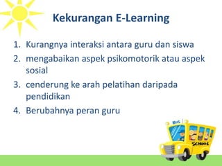 Kekurangan E-Learning
1. Kurangnya interaksi antara guru dan siswa
2. mengabaikan aspek psikomotorik atau aspek
sosial
3. cenderung ke arah pelatihan daripada
pendidikan
4. Berubahnya peran guru
 
