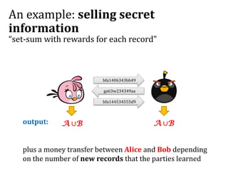 An example: selling secret
information
“set-sum with rewards for each record”
bfa1406343bb49
ga63w234349aa
bfa144534555d9
output: A ∪B A ∪B
plus a money transfer between Alice and Bob depending
on the number of new records that the parties learned
 