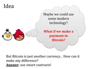 Idea
Maybe we could use
some modern
technology?
What if we make a
payment in
Bitcoin?
But Bitcoin is just another currency… How can it
make any difference?
Answer: use smart contracts!
 