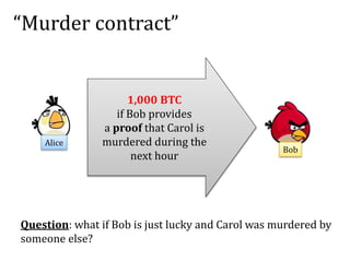 “Murder contract”
1,000 BTC
if Bob provides
a proof that Carol is
murdered during the
next hour
Alice
Bob
Question: what if Bob is just lucky and Carol was murdered by
someone else?
 