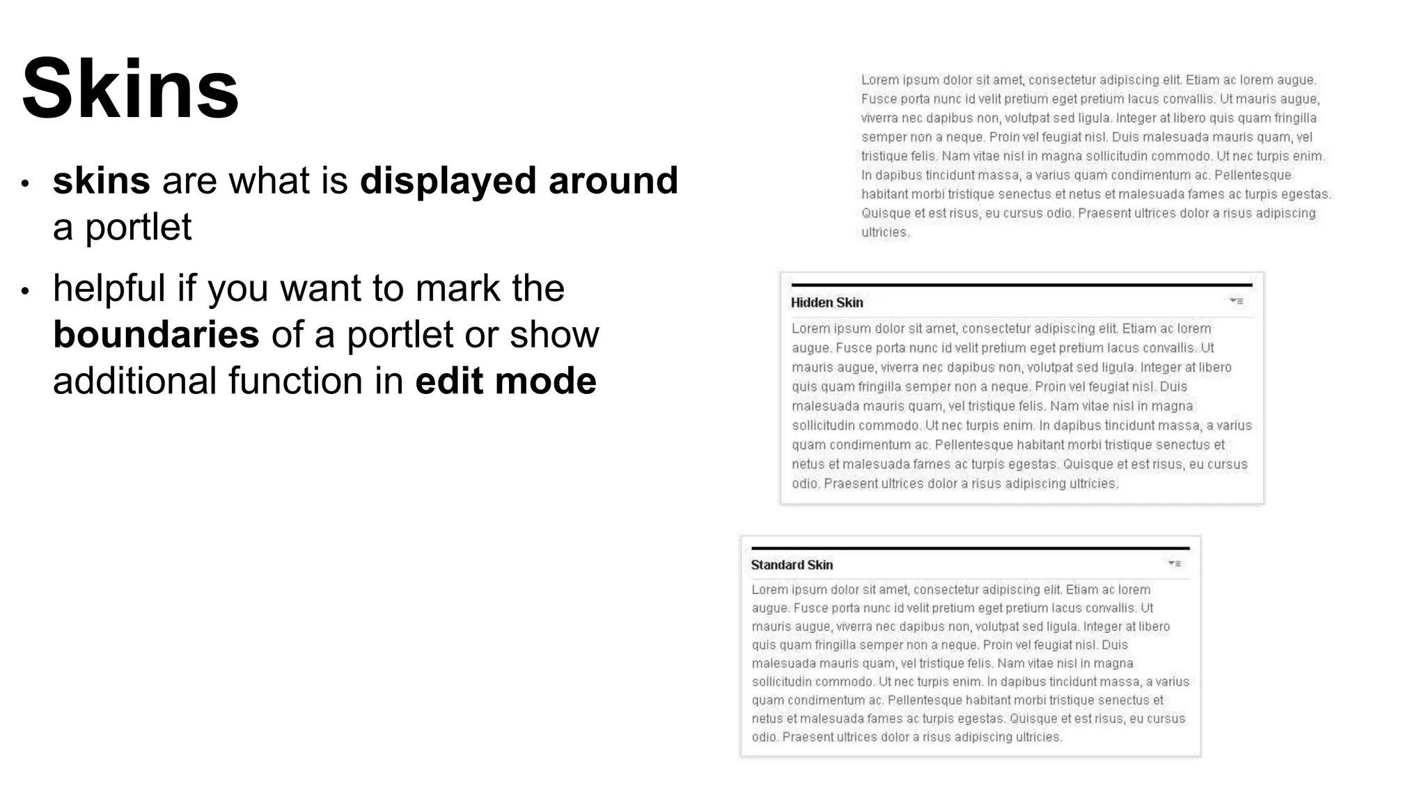 Skins
• skins are what is displayed around
a portlet
• helpful if you want to mark the
boundaries of a portlet or show
additional function in edit mode
 