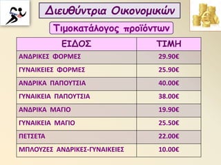 Διευθύντρια Οικονομικών
ΕΙΔΟΣ ΤΙΜΗ
ΑΝΔΡΙΚΕΣ ΦΟΡΜΕΣ 29.90€
ΓΥΝΑΙΚΕΙΕΣ ΦΟΡΜΕΣ 25.90€
ΑΝΔΡΙΚΑ ΠΑΠΟΥΤΣΙΑ 40.00€
ΓΥΝΑΙΚΕΙΑ ΠΑΠΟΥΤΣΙΑ 38.00€
ΑΝΔΡΙΚΑ ΜΑΓΙΟ 19.90€
ΓΥΝΑΙΚΕΙΑ ΜΑΓΙΟ 25.50€
ΠΕΤΣΕΤΑ 22.00€
ΜΠΛΟΥΖΕΣ ΑΝΔΡΙΚΕΣ-ΓΥΝΑΙΚΕΙΕΣ 10.00€
Τιμοκατάλογος προϊόντων
 
