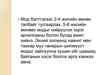  Мод бэлтгэхээс 2-4 жилийн өмнөх
талбайг тусгаарлах, 5-8 жилийн
өмнөөс модыг сийрүүлэх зэрэг
арчилгааны болон бусад ажил
хийнэ. Эхний ээлжинд навчит мөн
таахар муу чанарын шилмүүст
модыг зайлуулна хушин ойг цаашид
байганын хэсэг болгох арга хэмжээ
авна.
 