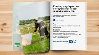 Пример мероприятия
с получением новых
знаний и навыков
Teambuilding с элементами обучения
для «AHLSTROM»
100 человек
Задачи:
получить знания и навыки противопожарной
безопасности
Решение:
предложен формат выездного командного
мероприятия в стиле «Готовность 01!»
с привлечением действующего сотрудника МЧС
по тушению крупных пожаров
Твери и Тверской области
Вовлеченность 98%
 