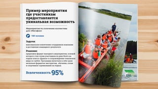 Пример мероприятия
где участникам
предоставляется
уникальная возможность
Мероприятие по сплочению коллектива
для «Мегафон»
100 человек
Задачи:
максимальное вовлечение сотрудников компании
в достижение командного результата
Решение:
Вовлеченность 95%
предложен формат выездного мероприятия, основой
которого стал сплав участников по реке Волге на
лодках класса «Дракон» в сопровождении чемпионов
мира по гребле. Программа включала в себя сразу
несколько форматов: инструктаж, обучение, сплав
и спортивное соревнование на лодках.
 