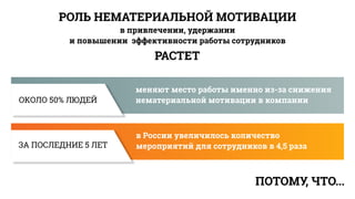 ПОТОМУ, ЧТО...
РОЛЬ НЕМАТЕРИАЛЬНОЙ МОТИВАЦИИ
в привлечении, удержании
и повышении эффективности работы сотрудников
РАСТЕТ
меняют место работы именно из-за снижения
нематериальной мотивации в компании
в России увеличилось количество
мероприятий для сотрудников в 4,5 раза
ОКОЛО 50% ЛЮДЕЙ
ЗА ПОСЛЕДНИЕ 5 ЛЕТ
 