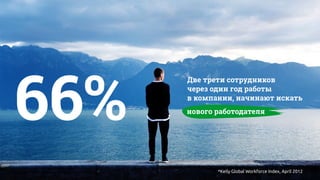 66%
Две трети сотрудников
через один год работы
в компании, начинают искать
нового работодателя
*Kelly Global Workforce Index, April 2012
 