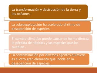 La transformación y destrucción de la tierra y
los océanos -
La sobreexplotación ha acelerado el ritmo de
desaparición de especies -
El cambio climático puede causar de forma directa
la pérdida de hábitats y las especies que los
pueblan -
La contaminación por diversos agentes químicos
es el otro gran elemento que incide en la
desaparición de especies.
 