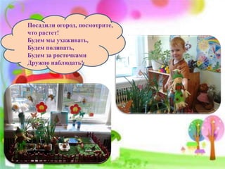 Посадили огород, посмотрите,
что растет!
Будем мы ухаживать,
Будем поливать,
Будем за росточками
Дружно наблюдать!
 