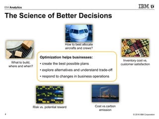 © 2016 IBM Corporation4
The Science of Better Decisions
What to build,
where and when?
How to best allocate
aircrafts and crews?
Risk vs. potential reward
Inventory cost vs.
customer satisfaction
Cost vs.carbon
emission
Optimization helps businesses:
• create the best possible plans
• explore alternatives and understand trade-off
• respond to changes in business operations
 