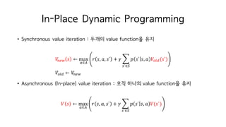 In-Place Dynamic Programming
• Synchronous value iteration : 두개의 value function을 유지
𝑉’“” 𝑠 ← max
o∈p
𝑟 𝑠, 𝑎, 𝑠` + 𝛾 ‚ 𝑝 𝑠` 𝑠, 𝑎 𝑉–—˜(𝑠`)
w`∈™
𝑉–—˜ ← 𝑉’“”
• Asynchronous (In-place) value iteration : 오직 하나의 value function을 유지
𝑉 𝑠 ← max
o∈p
𝑟 𝑠, 𝑎, 𝑠` + 𝛾 ‚ 𝑝 𝑠` 𝑠, 𝑎 𝑉(𝑠`)
w`∈™
 