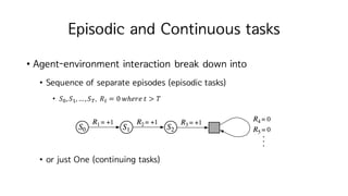 Episodic and Continuous tasks
• Agent-environment interaction break down into
• Sequence of separate episodes (episodic tasks)
• 𝑆H, 𝑆I,…, 𝑆K. 𝑅M = 0	𝑤ℎ𝑒𝑟𝑒	𝑡 > 𝑇
• or just One (continuing tasks)
 